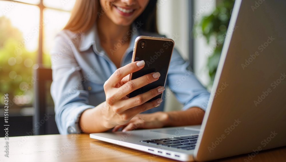 Woman Sitting with Laptop Using Her Phone Simultaneously Woman Sitting with Laptop Using Her Phone Simultaneously