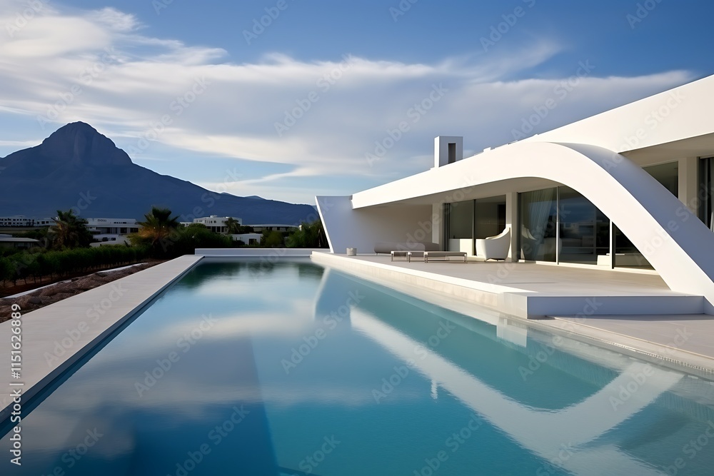 Fototapeta premium Modern white villa with infinity pool and mountain view.