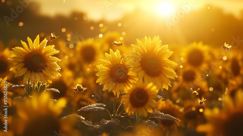 Sunflowers at Sunset: A Golden Hour Field of Blooms and Bees