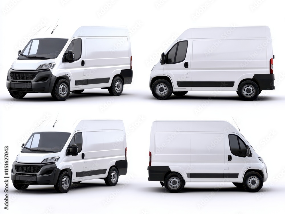High-quality views of a white delivery van showcasing front, side, and rear perspectives against a clean background High-quality views of a white delivery van showcasing front, side, and rear perspectives against a clean background