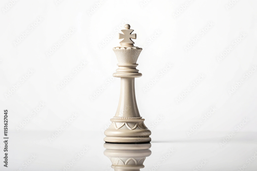 Piece of chess. The king standing on a white background with a reflection on the floor Piece of chess. The king standing on a white background with a reflection on the floor