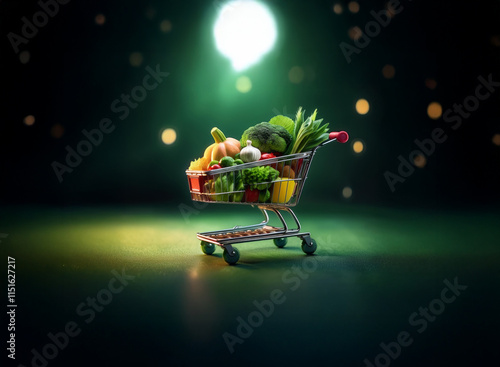 A miniature shopping cart brimming with fresh vegetables sits under a glowing lightbulb, suggesting a healthy and bright idea. photo