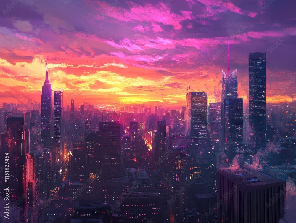 Fototapeta premium Stunning cityscape at sunset vibrant orange and purple sky from an elevated viewpoint