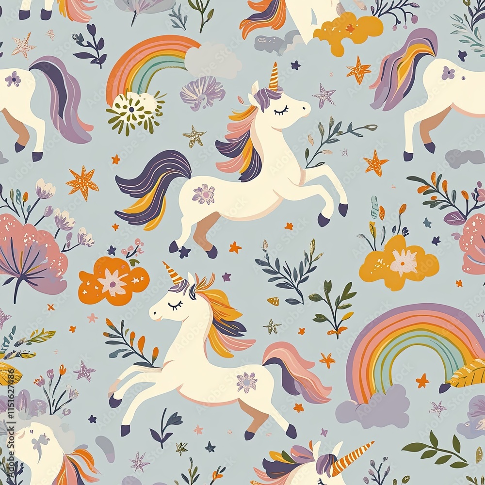 Obraz premium A whimsical unicorn-themed pattern featuring colorful unicorns prancing among rainbows, fluffy clouds, and twinkling stars, surrounded by tiny magical sparkles in pastel shades of pink, lavender, 