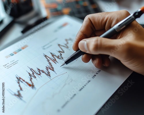 Human hand holding a pen, drawing a rising candlestick chart on a white background, illustrating the concept of business growth, market analysis, and financial success in 3D
