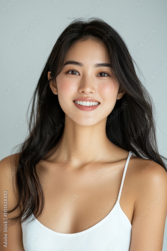 With radiant complexion, an Asian woman exudes elegance and vitality, making her image perfect for skincare and beauty product promotions. With radiant complexion, an Asian woman exudes elegance and vitality, making her image perfect for skincare and beauty product promotions.