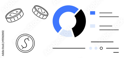 Coins and segmented pie chart with data lines. Ideal for finance, business strategy, economic reports, investment, market analysis, statistical reviews, financial presentations. Line metaphor