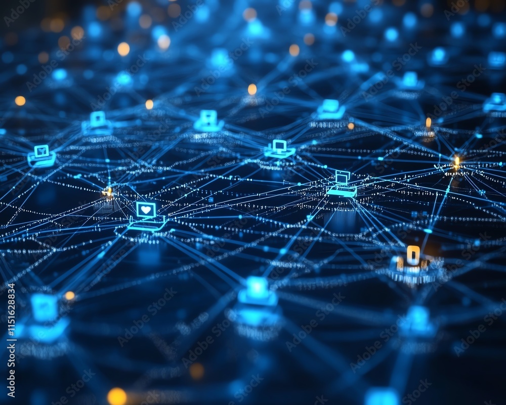 A 3D digital rendering of social network technologies, showcasing user icons connected by lines on a dark blue abstract background, highlighting the concept of virtual connections A 3D digital rendering of social network technologies, showcasing user icons connected by lines on a dark blue abstract background, highlighting the concept of virtual connections