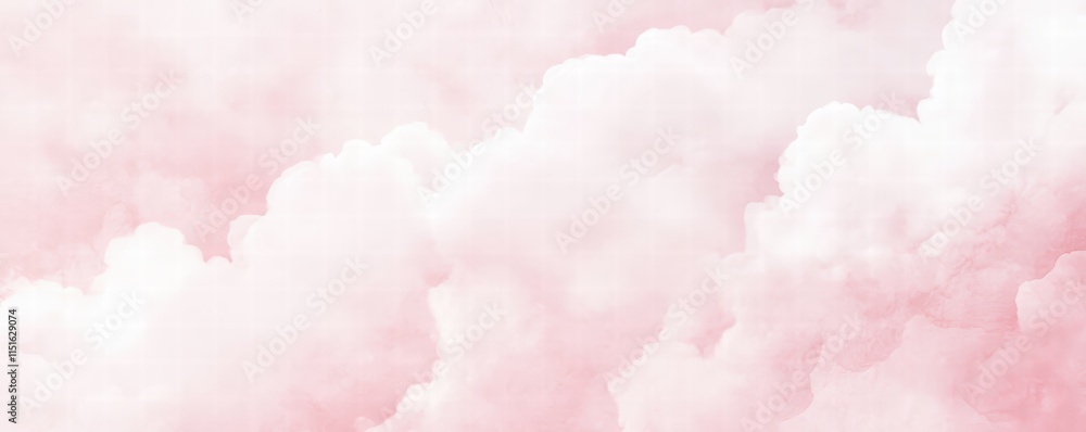 Fototapeta premium Pink pastel watercolor background with white clouds. Abstract pink sky banner template. White clouds in the pink sky. Happy Valentine's Day