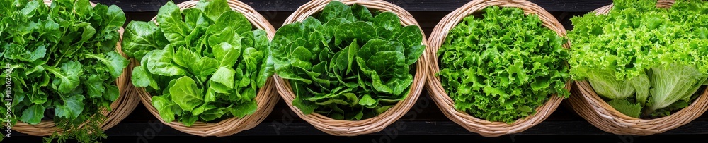A vibrant farmers' market showing baskets of coral and green oak lettuce. A vibrant farmers' market showing baskets of coral and green oak lettuce.