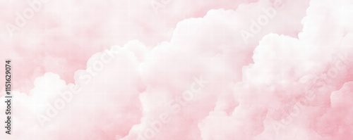 Pink pastel watercolor background with white clouds. Abstract pink sky banner template. White clouds in the pink sky. Happy Valentine's Day