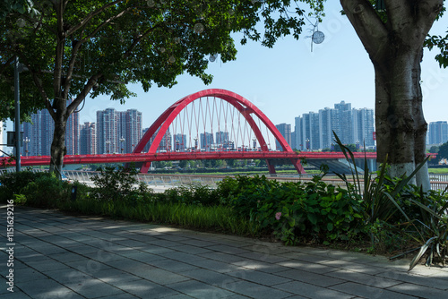 Landmark building of Rainbow Bridge in downtown Deyang City, Sichuan Province, China photo