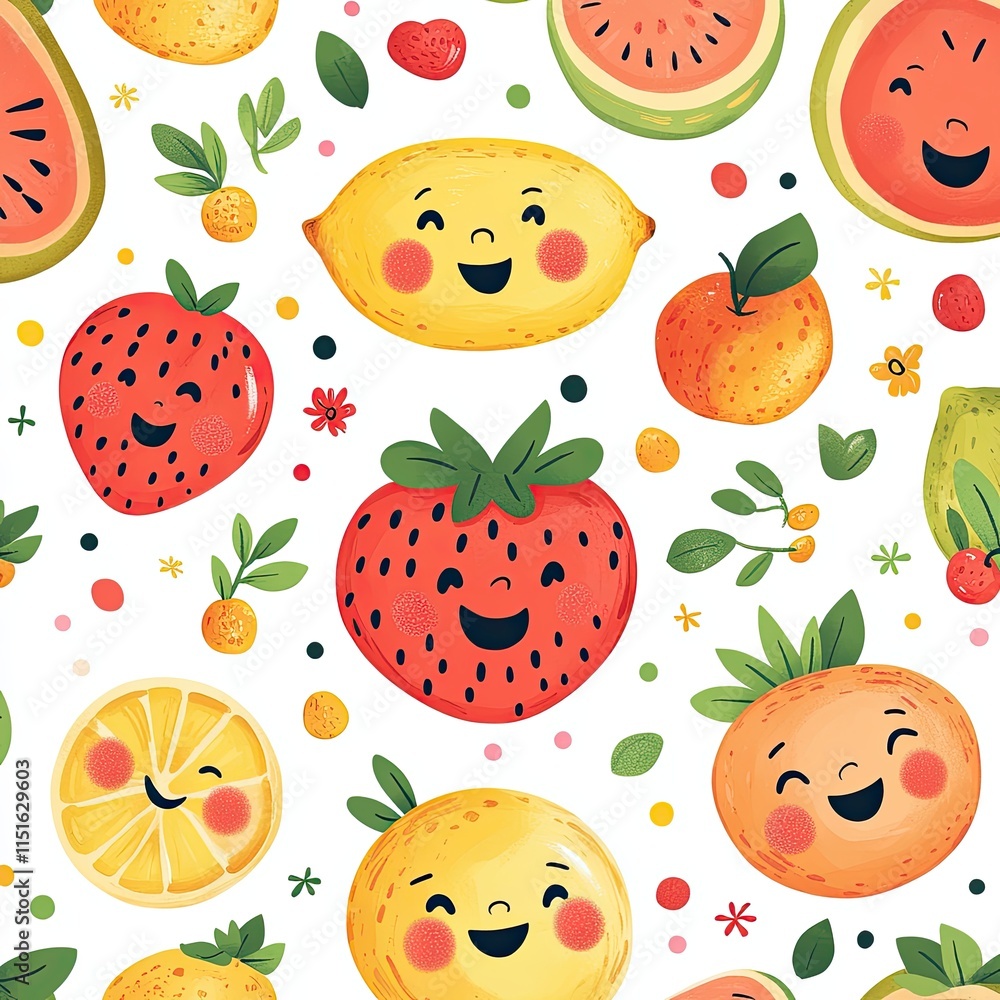 A cheerful fruit-themed pattern showcasing happy cartoon strawberries, lemons, and watermelons, surrounded by tiny blossoms, leaves, and polka dots in vibrant shades of red, yellow, and green A cheerful fruit-themed pattern showcasing happy cartoon strawberries, lemons, and watermelons, surrounded by tiny blossoms, leaves, and polka dots in vibrant shades of red, yellow, and green