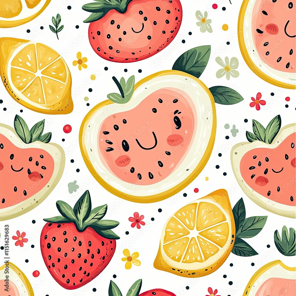 A cheerful fruit-themed pattern showcasing happy cartoon strawberries, lemons, and watermelons, surrounded by tiny blossoms, leaves, and polka dots in vibrant shades of red, yellow, and green A cheerful fruit-themed pattern showcasing happy cartoon strawberries, lemons, and watermelons, surrounded by tiny blossoms, leaves, and polka dots in vibrant shades of red, yellow, and green