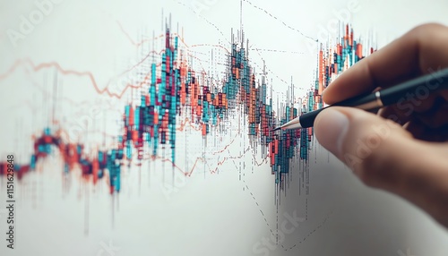 A 3D visualization of a human hand drawing a rising candlestick chart with a pen, isolated on a clean white background, representing financial growth and business strategy photo