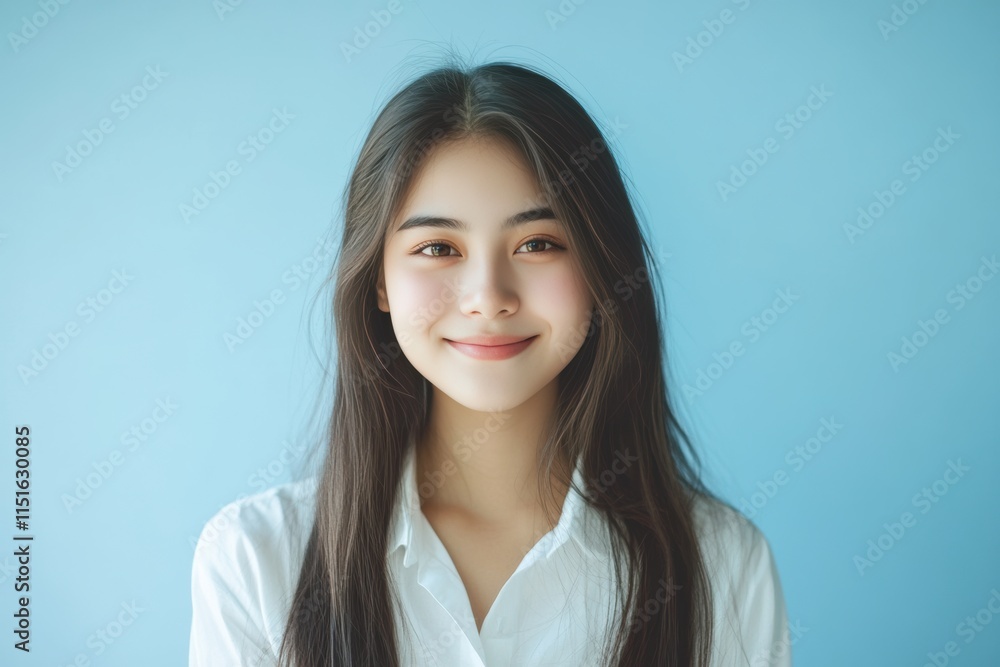 Beautiful Asian girl with long dark hair stands smiling warmly in front of a turquoise background. She is wearing a simple white shirt, exuding natural beauty and positivity. Beautiful Asian girl with long dark hair stands smiling warmly in front of a turquoise background. She is wearing a simple white shirt, exuding natural beauty and positivity.
