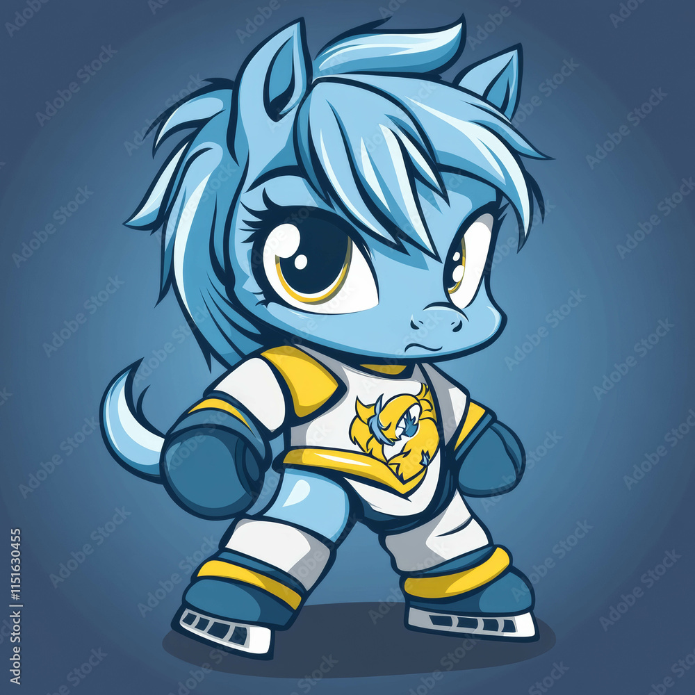 Fototapeta premium Cartoon art in vector style of a blue pony playing on the ice in a team jersey with yellow and white stripes