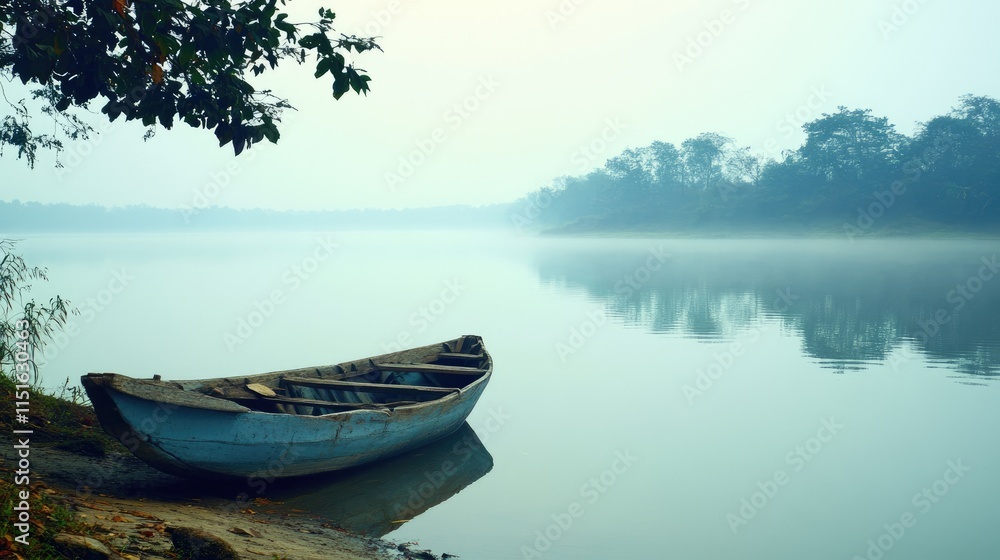 Obraz premium A breathtaking early morning view showcases a solitary boat perched on the riverbank, surrounded by tranquil mist and lush greenery