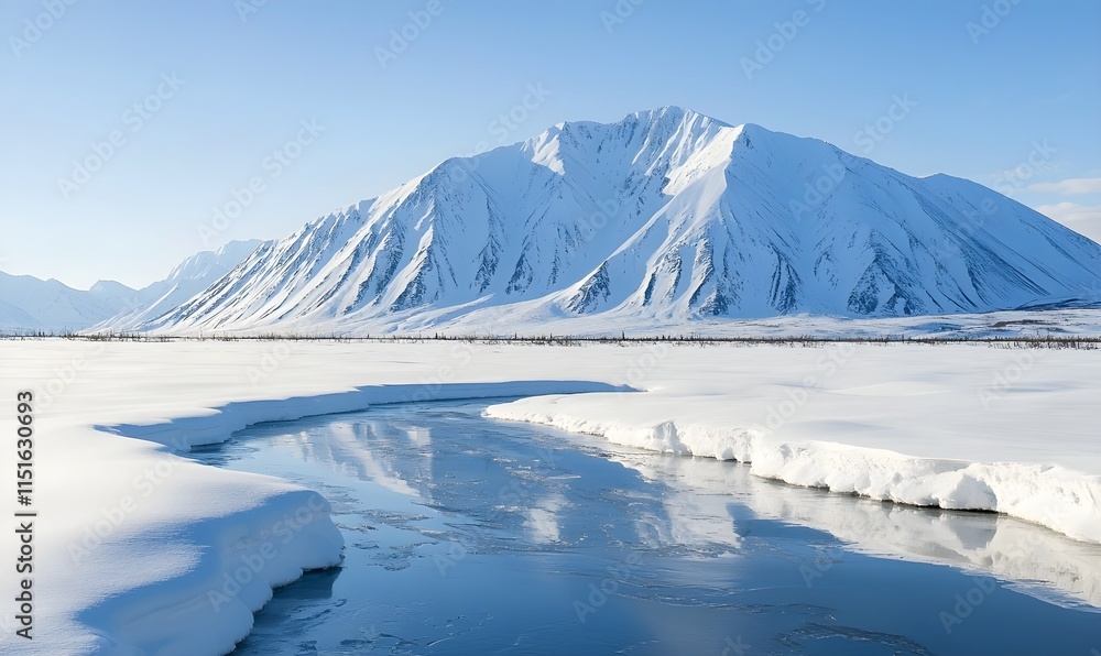 A beautiful Yukon winter landscape photo featuring a creek of sparkling water melting through the foreground snow A beautiful Yukon winter landscape photo featuring a creek of sparkling water melting through the foreground snow