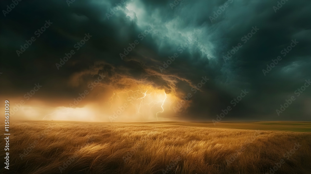 Epic Stormy Landscape: Lightning Strikes Golden Field Epic Stormy Landscape: Lightning Strikes Golden Field