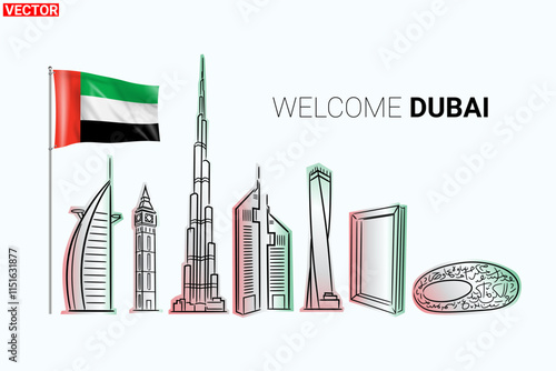 welcome Dubai United Arab Emirates famous buildings with flag