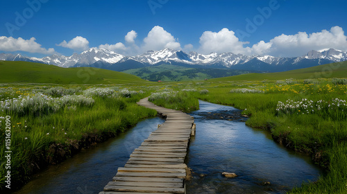 Serene Mountain Landscape: A Wooden Path Through an Alpine Meadow