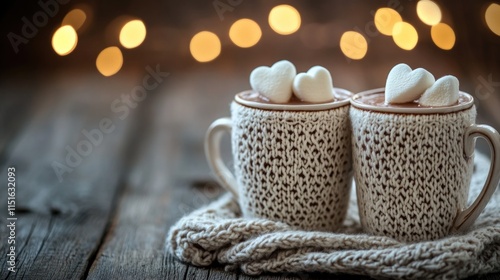 Wallpaper Mural Cozy warmth: knit-covered cups with heart marshmallows on wooden table. The 14th of February. Happy Valentine's Day Torontodigital.ca
