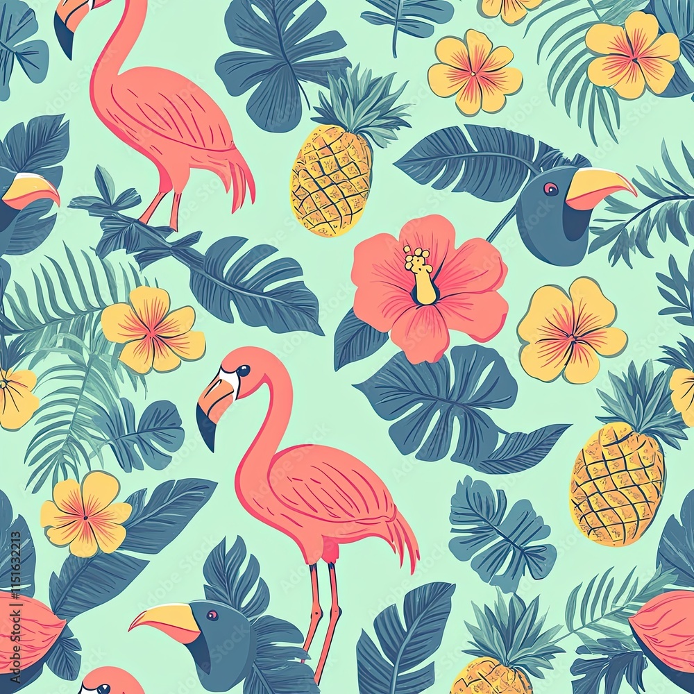 A delightful tropical pattern with hand-drawn flamingos, toucans, and pineapples surrounded by palm leaves, hibiscus flowers, and coconuts in bright pastel tones of coral pink, mint green, and A delightful tropical pattern with hand-drawn flamingos, toucans, and pineapples surrounded by palm leaves, hibiscus flowers, and coconuts in bright pastel tones of coral pink, mint green, and