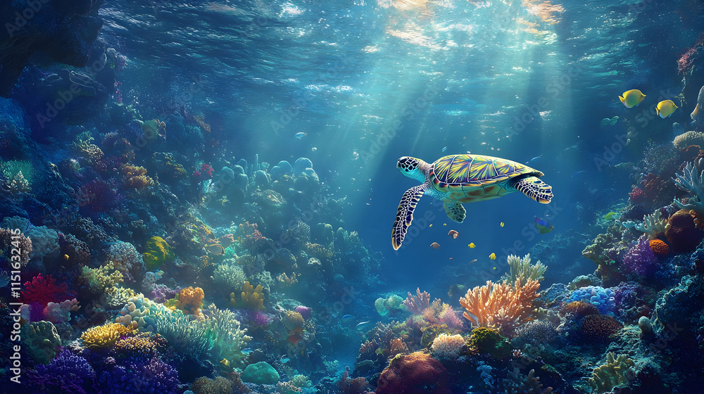 Obraz premium Majestic Sea Turtle in Vibrant Coral Reef: Underwater Paradise