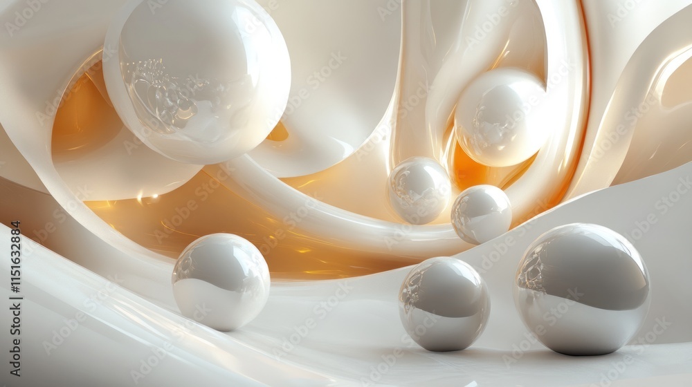 Abstract White Spheres in a Curving, Golden-lit Landscape Abstract White Spheres in a Curving, Golden-lit Landscape