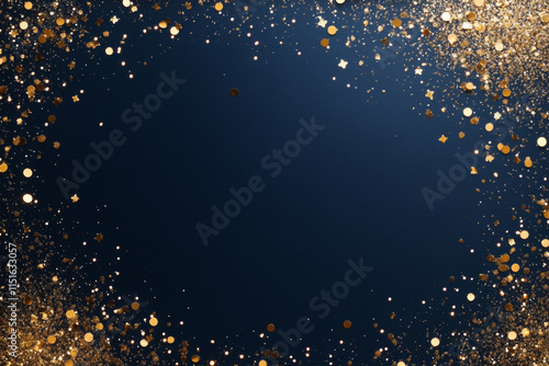 Magic night dark blue frame with sparkling glitter bokeh and light art. Square vector wedding card. Gold confetti and navy background. Golden scattered celestial dust. Fairytale magic star template