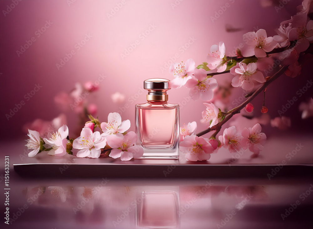 A delicate perfume bottle sits on a reflective surface, adorned with blossoming pink flowers, creating a serene and fragrant atmosphere.  The soft pink background enhances the beauty of the scene.