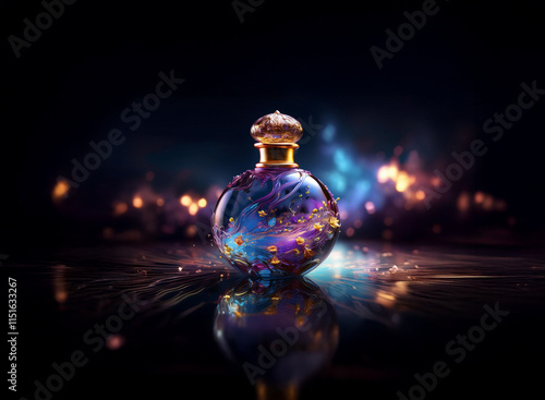 A mystical, iridescent perfume bottle with a gold cap sits on a reflective surface, surrounded by a swirling nebula of light and sparkles.  Its ornate design hints at a magical, luxurious fragrance.