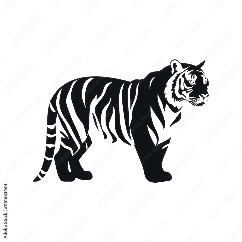Fototapeta premium A stylized illustration depicts a black and white tiger in profile view showcasing its powerful form and distinctive markings.