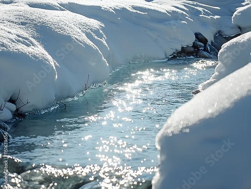 A beautiful Yukon winter landscape photo featuring a creek of sparkling water melting through the foreground snow