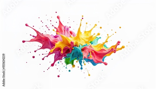 explosion of vibrant paint splashes in vivid pink, yellow, and blue hues against a white background, creating a lively and artistic masterpiece photo