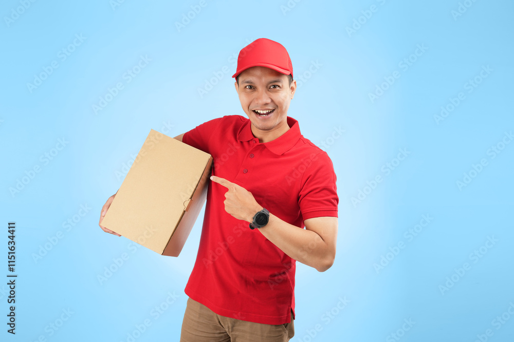 An Asian courier pointing his finger while holding a package against a blue background wearing red company uniform. An Asian courier pointing his finger while holding a package against a blue background wearing red company uniform.