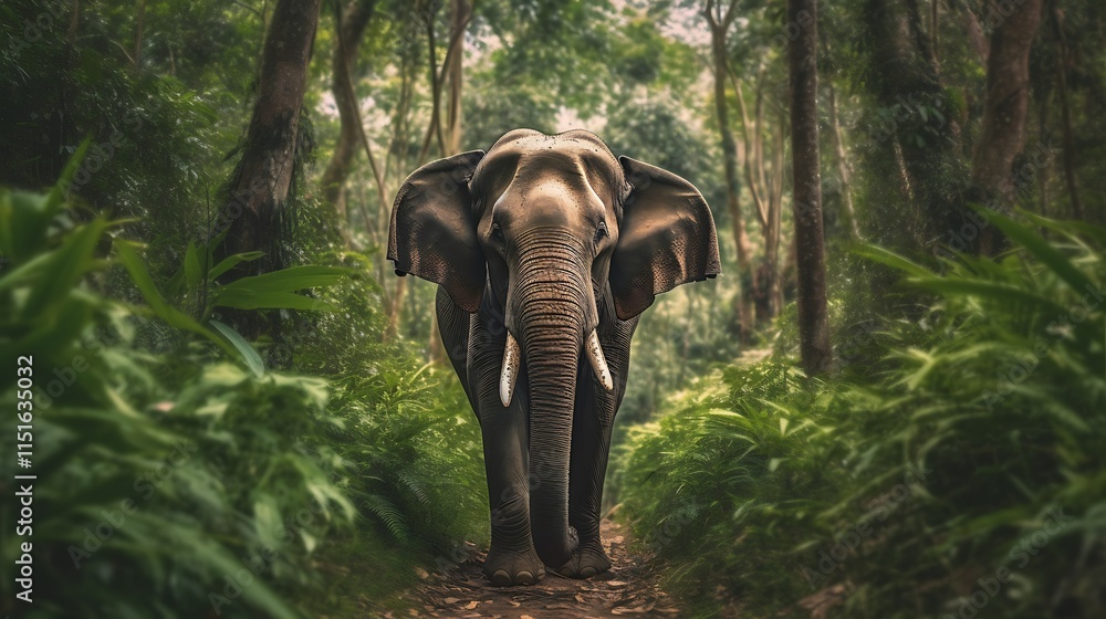Fototapeta premium Majestic elephant standing on a forest path, surrounded by lush greenery.