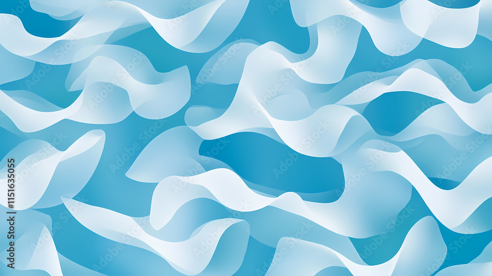 Fototapeta premium Soft zephyr shapes in a repeating pattern on blue background, playful, whimsical, imaginative, fantasy. Zephyrous. Illustration