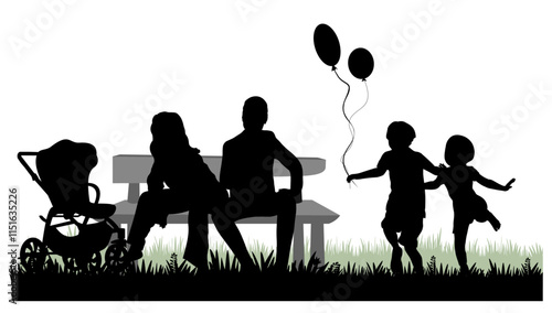 Family silhouettes. Mother and father with children on a swing bench. Vector illustration.	
