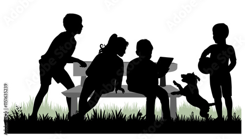 Children silhouettes. Little boys and girls playing on a park bench. Vector illustration.