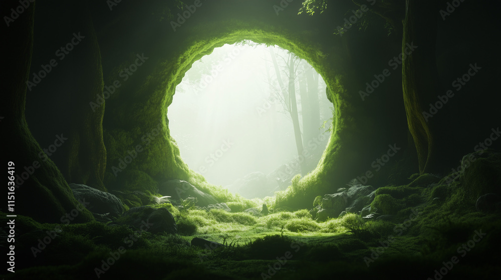 Fototapeta premium A vibrant, moss-covered opening in a mystical forest leads to a serene, illuminated path