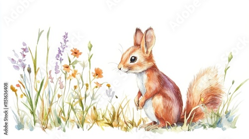 Gwyl Mabsant Cute squirrel in colorful meadow with wildflowers for nature illustration and design photo