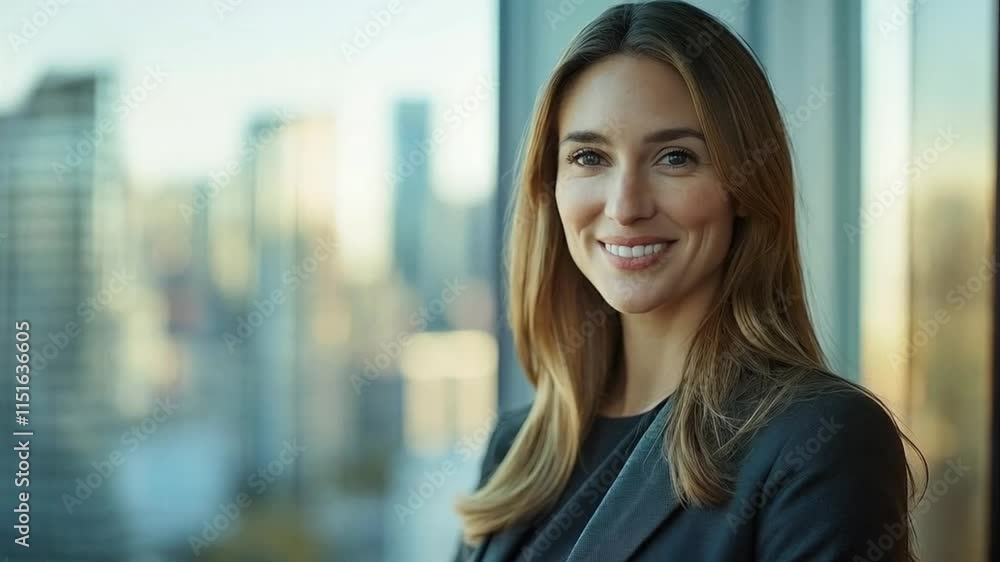 Confident Professional: A businesswoman in a business suit smiles confidently while standing by a window overlooking a city skyline.4k video Confident Professional: A businesswoman in a business suit smiles confidently while standing by a window overlooking a city skyline.4k video