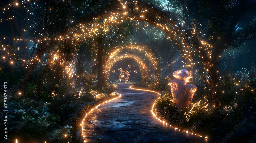 Enchanted Forest Path: A Mystical Night Scene with Twinkling Lights Enchanted Forest Path: A Mystical Night Scene with Twinkling Lights