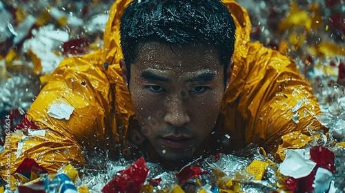 A man in a yellow raincoat is submerged in water filled with debris. He stares intensely at the camera with a determined look. photo