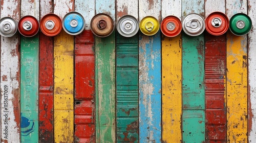 Colorful spray paint can lids arranged on a vibrant wooden backdrop. The rustic wood planks exhibit various paint hues and textures creating a visually appealing composition. photo