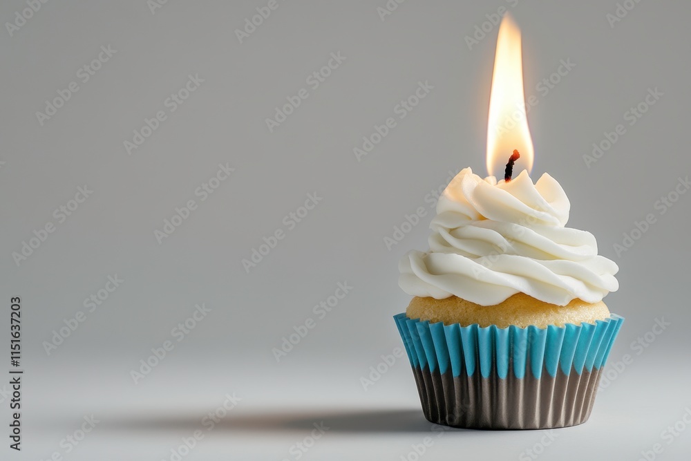 Cute cupcake with colorful wrapper and a lit candle against a soft gray background, perfect for birthdays, celebrations, and festive occasions showcasing sweetness and joy Cute cupcake with colorful wrapper and a lit candle against a soft gray background, perfect for birthdays, celebrations, and festive occasions showcasing sweetness and joy