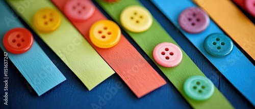 Close-up of vibrant candy buttons on colorful paper strips in high-detail studio setting photo