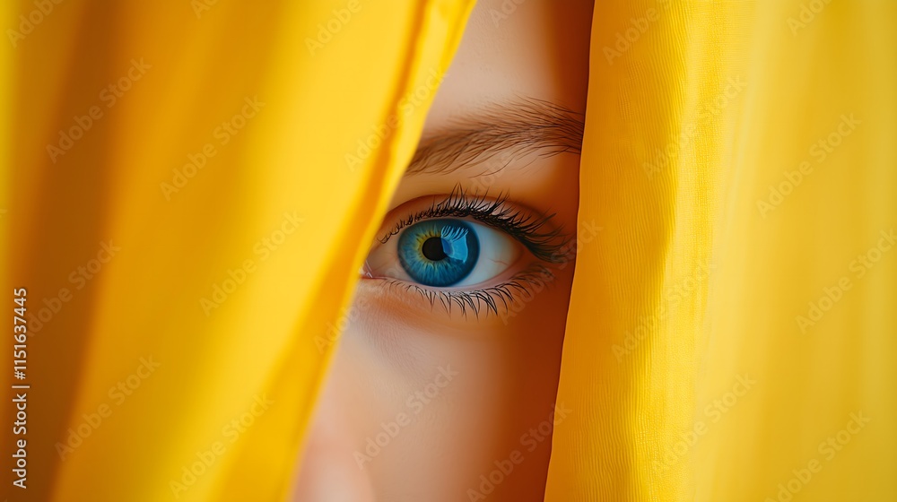 Close-up of a female yellow eye peeking through a yellow curtain. Fear, mental health concept.